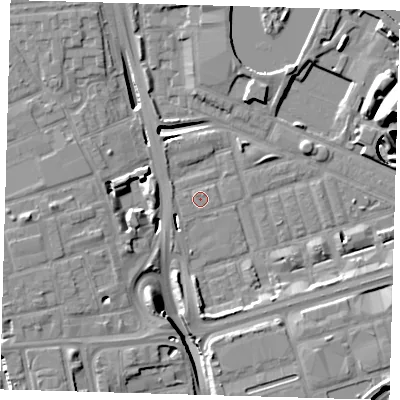 Shaded relief map of the ground around E140PE, computed from Environment Agency LiDAR. The ground here sits at about 2 m above sea level and falls 17 m across the surrounding 800 m. Surface water reaching this point runs off ground lying to the west-north-west, 0.7 m higher.
