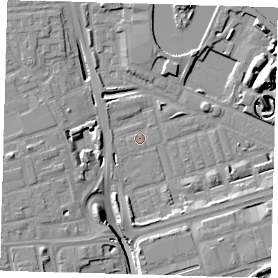Shaded relief map of the ground around E140PF, computed from Environment Agency LiDAR. The ground here sits at about 2 m above sea level and falls 17 m across the surrounding 800 m. Surface water reaching this point runs off ground lying to the south-west, 4.3 m higher.