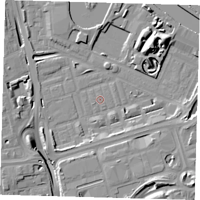 Shaded relief map of the ground around E140PJ, computed from Environment Agency LiDAR. The ground here sits at about 2 m above sea level and falls 17 m across the surrounding 800 m. Surface water reaching this point runs off ground lying to the south-south-east, 5.5 m higher.