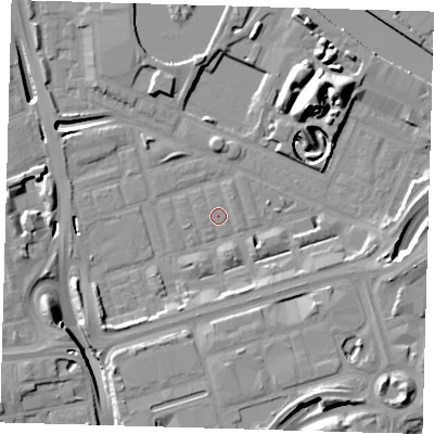 Shaded relief map of the ground around E140PL, computed from Environment Agency LiDAR. The ground here sits at about 2 m above sea level and falls 17 m across the surrounding 800 m. Surface water reaching this point runs off ground lying to the south-south-east, 3.8 m higher.