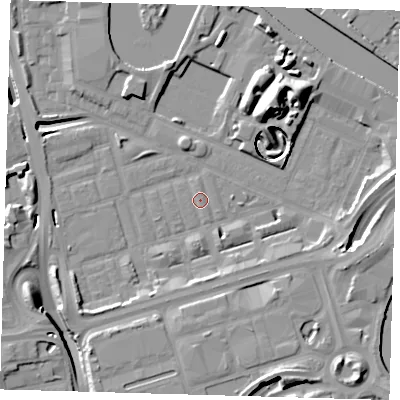 Shaded relief map of the ground around E140PN, computed from Environment Agency LiDAR. The ground here sits at about 2 m above sea level and falls 17 m across the surrounding 800 m. Surface water reaching this point runs off ground lying to the north-east, 15.4 m higher.