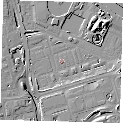 Shaded relief map of the ground around E140PQ, computed from Environment Agency LiDAR. The ground here sits at about 2 m above sea level and falls 17 m across the surrounding 800 m. Surface water reaching this point runs off ground lying to the south-west, 6.5 m higher.