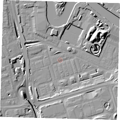 Shaded relief map of the ground around E140PT, computed from Environment Agency LiDAR. The ground here sits at about 2 m above sea level and falls 17 m across the surrounding 800 m. Surface water reaching this point runs off ground lying to the south-south-west, 6.5 m higher.