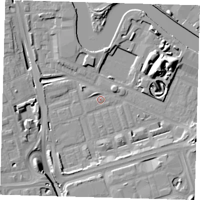 Shaded relief map of the ground around E140PU, computed from Environment Agency LiDAR. The ground here sits at about 2 m above sea level and falls 17 m across the surrounding 800 m. Surface water reaching this point runs off ground lying to the south-south-west, 6.5 m higher.