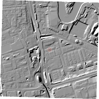 Shaded relief map of the ground around E140PX, computed from Environment Agency LiDAR. The ground here sits at about 2 m above sea level and falls 17 m across the surrounding 800 m. Surface water reaching this point runs off ground lying to the west, 8.6 m higher.