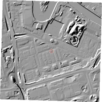 Shaded relief map of the ground around E140PY, computed from Environment Agency LiDAR. The ground here sits at about 2 m above sea level and falls 17 m across the surrounding 800 m. Surface water reaching this point runs off ground lying to the south-west, 6.5 m higher.