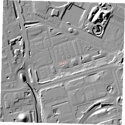 Shaded relief map of the ground around E140PZ, computed from Environment Agency LiDAR. The ground here sits at about 2 m above sea level and falls 17 m across the surrounding 800 m. Surface water reaching this point runs off ground lying to the south-west, 6.5 m higher.