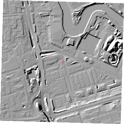Shaded relief map of the ground around E140QB, computed from Environment Agency LiDAR. The ground here sits at about 2 m above sea level and falls 17 m across the surrounding 800 m. Surface water reaching this point runs off ground lying to the west-south-west, 8.6 m higher.