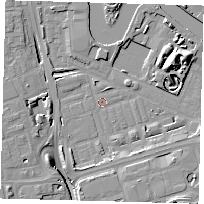 Shaded relief map of the ground around E140QD, computed from Environment Agency LiDAR. The ground here sits at about 2 m above sea level and falls 17 m across the surrounding 800 m. Surface water reaching this point runs off ground lying to the south-south-west, 6.5 m higher.
