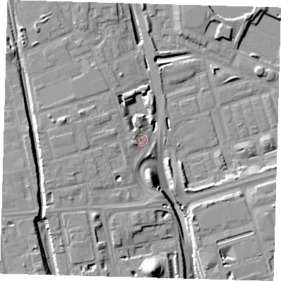 Shaded relief map of the ground around E140QU, computed from Environment Agency LiDAR. The ground here sits at about 4 m above sea level and falls 15 m across the surrounding 800 m. Surface water reaching this point runs off ground lying to the west-south-west, 4.0 m higher.