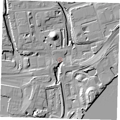 Shaded relief map of the ground around E140QW, computed from Environment Agency LiDAR. The ground here sits at about 3 m above sea level and falls 15 m across the surrounding 800 m. Surface water reaching this point runs off ground lying to the south-east, 11.6 m higher.
