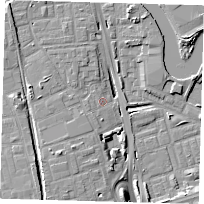 Shaded relief map of the ground around E140RD, computed from Environment Agency LiDAR. The ground here sits at about 4 m above sea level and falls 12 m across the surrounding 800 m. Surface water reaching this point runs off ground lying to the south-west, 2.7 m higher.