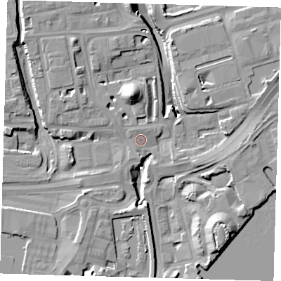 Shaded relief map of the ground around E140RE, computed from Environment Agency LiDAR. The ground here sits at about 4 m above sea level and falls 15 m across the surrounding 800 m. Surface water reaching this point runs off ground lying to the north-west, 0.9 m higher.