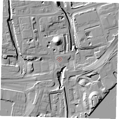Shaded relief map of the ground around E140RF, computed from Environment Agency LiDAR. The ground here sits at about 4 m above sea level and falls 15 m across the surrounding 800 m. Surface water reaching this point runs off ground lying to the south-south-west, 1.3 m higher.