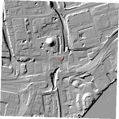 Shaded relief map of the ground around E140RG, computed from Environment Agency LiDAR. The ground here sits at about 4 m above sea level and falls 15 m across the surrounding 800 m. Surface water reaching this point runs off ground lying to the west-north-west, 2.4 m higher.
