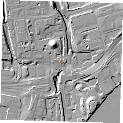 Shaded relief map of the ground around E140RJ, computed from Environment Agency LiDAR. The ground here sits at about 4 m above sea level and falls 15 m across the surrounding 800 m. Surface water reaching this point runs off ground lying to the west-north-west, 2.4 m higher.