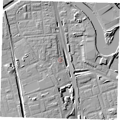 Shaded relief map of the ground around E140RN, computed from Environment Agency LiDAR. The ground here sits at about 3 m above sea level and falls 12 m across the surrounding 800 m. Surface water reaching this point runs off ground lying to the west, 10.3 m higher.