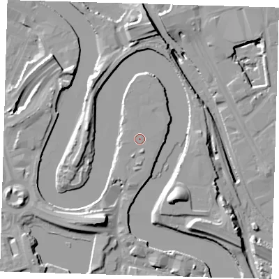Shaded relief map of the ground around E140RP, computed from Environment Agency LiDAR. The ground here sits at about 6 m above sea level and falls 20 m across the surrounding 800 m. Surface water reaching this point runs off ground lying to the south, 1.3 m higher.