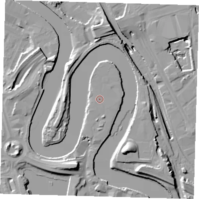 Shaded relief map of the ground around E140RR, computed from Environment Agency LiDAR. The ground here sits at about 6 m above sea level and falls 20 m across the surrounding 800 m. The ground contributing surface water to this point lies to the east.