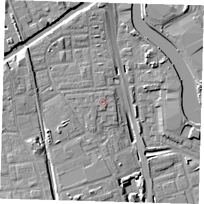Shaded relief map of the ground around E140SR, computed from Environment Agency LiDAR. The ground here sits at about 5 m above sea level and falls 13 m across the surrounding 800 m. Surface water reaching this point runs off ground lying to the south-west, 1.2 m higher.