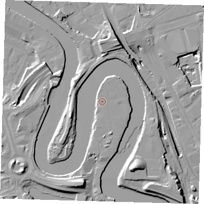 Shaded relief map of the ground around E140SX, computed from Environment Agency LiDAR. The ground here sits at about 6 m above sea level and falls 20 m across the surrounding 800 m. Surface water reaching this point runs off ground lying to the north-north-west, 2.8 m higher.
