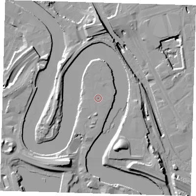 Shaded relief map of the ground around E140SZ, computed from Environment Agency LiDAR. The ground here sits at about 6 m above sea level and falls 20 m across the surrounding 800 m. The ground contributing surface water to this point lies to the east.
