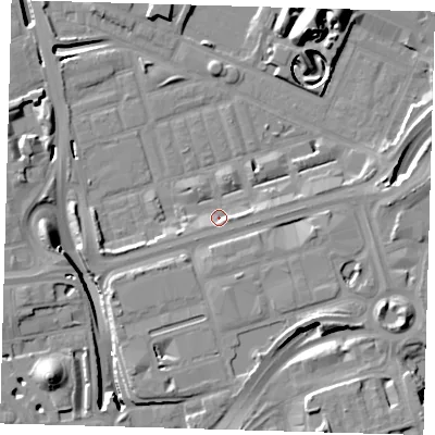 Shaded relief map of the ground around E140TA, computed from Environment Agency LiDAR. The ground here sits at about 2 m above sea level and falls 18 m across the surrounding 800 m. Surface water reaching this point runs off ground lying to the east, 2.9 m higher.