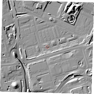 Shaded relief map of the ground around E140TB, computed from Environment Agency LiDAR. The ground here sits at about 2 m above sea level and falls 18 m across the surrounding 800 m. Surface water reaching this point runs off ground lying to the south-east, 3.3 m higher.
