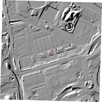 Shaded relief map of the ground around E140TD, computed from Environment Agency LiDAR. The ground here sits at about 2 m above sea level and falls 17 m across the surrounding 800 m. Surface water reaching this point runs off ground lying to the north-east, 13.8 m higher.