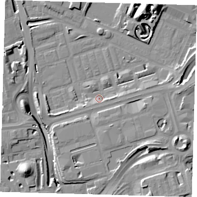 Shaded relief map of the ground around E140TE, computed from Environment Agency LiDAR. The ground here sits at about 2 m above sea level and falls 18 m across the surrounding 800 m. Surface water reaching this point runs off ground lying to the east, 2.9 m higher.