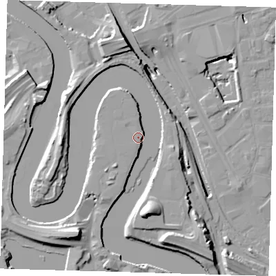Shaded relief map of the ground around E140TS, computed from Environment Agency LiDAR. The ground here sits at about 6 m above sea level and falls 20 m across the surrounding 800 m. Surface water reaching this point runs off ground lying to the south-south-west, 10.6 m higher.