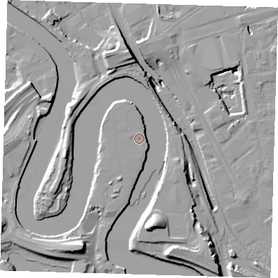 Shaded relief map of the ground around E140TU, computed from Environment Agency LiDAR. The ground here sits at about 6 m above sea level and falls 20 m across the surrounding 800 m. Surface water reaching this point runs off ground lying to the south-south-west, 10.6 m higher.