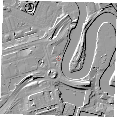 Shaded relief map of the ground around E140TZ, computed from Environment Agency LiDAR. The ground here sits at about 5 m above sea level and falls 17 m across the surrounding 800 m. Surface water reaching this point runs off ground lying to the south-east, 5.1 m higher.