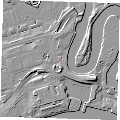 Shaded relief map of the ground around E140UP, computed from Environment Agency LiDAR. The ground here sits at about 5 m above sea level and falls 17 m across the surrounding 800 m. Surface water reaching this point runs off ground lying to the south-east, 5.1 m higher.