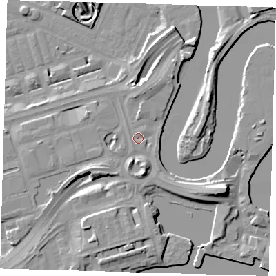 Shaded relief map of the ground around E140UR, computed from Environment Agency LiDAR. The ground here sits at about 5 m above sea level and falls 17 m across the surrounding 800 m. Surface water reaching this point runs off ground lying to the south-east, 5.1 m higher.
