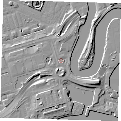 Shaded relief map of the ground around E140US, computed from Environment Agency LiDAR. The ground here sits at about 5 m above sea level and falls 17 m across the surrounding 800 m. Surface water reaching this point runs off ground lying to the south-east, 5.1 m higher.
