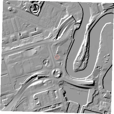 Shaded relief map of the ground around E140UT, computed from Environment Agency LiDAR. The ground here sits at about 5 m above sea level and falls 17 m across the surrounding 800 m. Surface water reaching this point runs off ground lying to the south-east, 5.1 m higher.