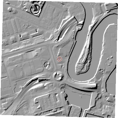 Shaded relief map of the ground around E140UU, computed from Environment Agency LiDAR. The ground here sits at about 5 m above sea level and falls 17 m across the surrounding 800 m. Surface water reaching this point runs off ground lying to the south-east, 0.6 m higher.