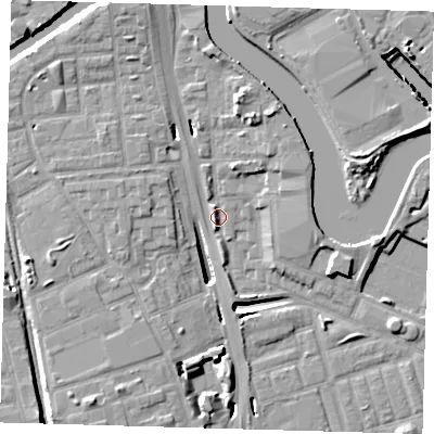 Shaded relief map of the ground around E140UX, computed from Environment Agency LiDAR. The ground here sits at about 3 m above sea level and falls 12 m across the surrounding 800 m. Surface water reaching this point runs off ground lying to the north-north-east, 7.2 m higher.