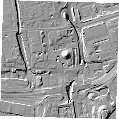 Shaded relief map of the ground around E140WG, computed from Environment Agency LiDAR. The ground here sits at about 4 m above sea level and falls 15 m across the surrounding 800 m. Surface water reaching this point runs off ground lying to the east-north-east, 9.6 m higher.