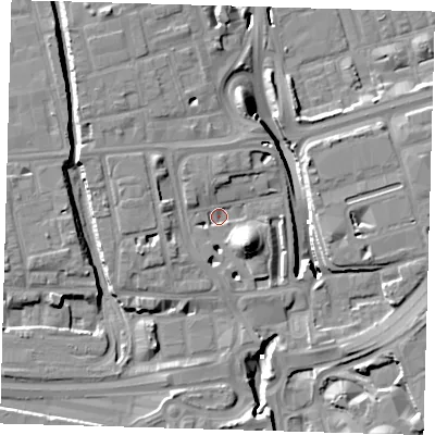 Shaded relief map of the ground around E140WQ, computed from Environment Agency LiDAR. The ground here sits at about 3 m above sea level and falls 15 m across the surrounding 800 m. Surface water reaching this point runs off ground lying to the south-east, 9.6 m higher.