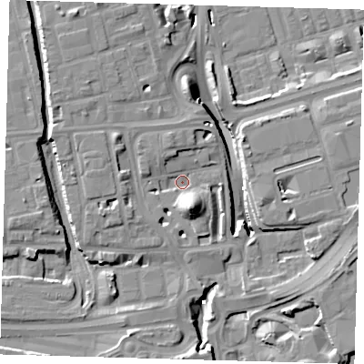 Shaded relief map of the ground around E140WR, computed from Environment Agency LiDAR. The ground here sits at about 3 m above sea level and falls 15 m across the surrounding 800 m. Surface water reaching this point runs off ground lying to the south-south-east, 9.6 m higher.