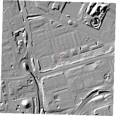 Shaded relief map of the ground around E140XA, computed from Environment Agency LiDAR. The ground here sits at about 2 m above sea level and falls 18 m across the surrounding 800 m. Surface water reaching this point runs off ground lying to the east-south-east, 5.5 m higher.