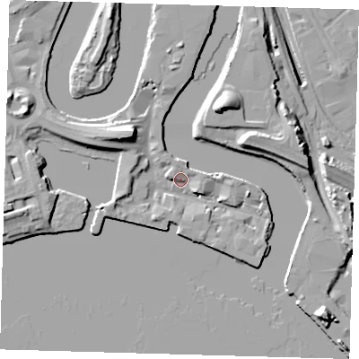 Shaded relief map of the ground around E140XE, computed from Environment Agency LiDAR. The ground here sits at about 5 m above sea level and falls 18 m across the surrounding 800 m. Surface water reaching this point runs off ground lying to the north-west, 13.1 m higher.