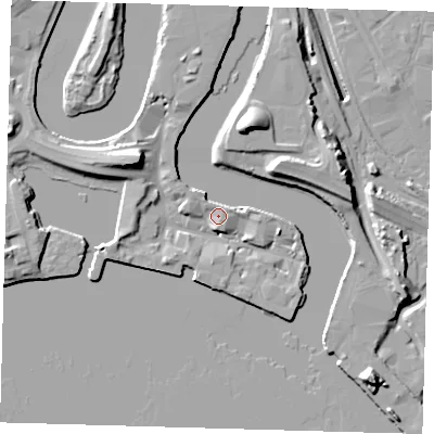 Shaded relief map of the ground around E140XF, computed from Environment Agency LiDAR. The ground here sits at about 5 m above sea level and falls 18 m across the surrounding 800 m. Surface water reaching this point runs off ground lying to the east-south-east, 5.8 m higher.