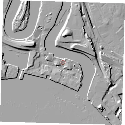Shaded relief map of the ground around E140XH, computed from Environment Agency LiDAR. The ground here sits at about 4 m above sea level and falls 18 m across the surrounding 800 m. Surface water reaching this point runs off ground lying to the east-south-east, 4.2 m higher.