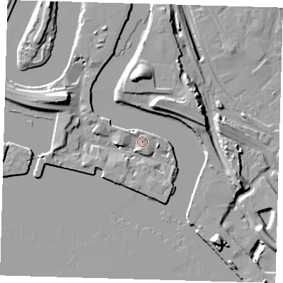 Shaded relief map of the ground around E140XJ, computed from Environment Agency LiDAR. The ground here sits at about 5 m above sea level and falls 18 m across the surrounding 800 m. Surface water reaching this point runs off ground lying to the east-south-east, 4.2 m higher.