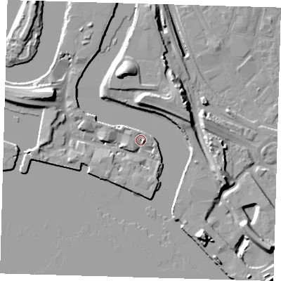 Shaded relief map of the ground around E140XN, computed from Environment Agency LiDAR. The ground here sits at about 5 m above sea level and falls 18 m across the surrounding 800 m. Surface water reaching this point runs off ground lying to the east-south-east, 3.5 m higher.