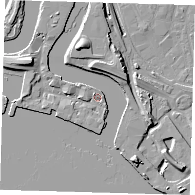 Shaded relief map of the ground around E140XP, computed from Environment Agency LiDAR. The ground here sits at about 5 m above sea level and falls 18 m across the surrounding 800 m. Surface water reaching this point runs off ground lying to the north-west, 3.5 m higher.