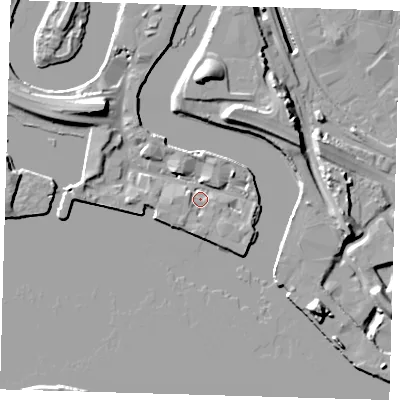 Shaded relief map of the ground around E140XQ, computed from Environment Agency LiDAR. The ground here sits at about 4 m above sea level and falls 18 m across the surrounding 800 m. Surface water reaching this point runs off ground lying to the north-east, 4.2 m higher.